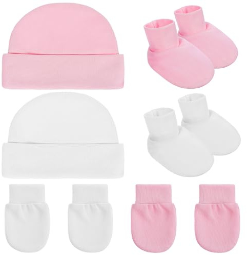 CATIEBYE Gorros Bebe Recien Nacido de Algodón Costuras Ajustadas y Tela Cómoda, 2 Juegos de Gorros y Manoplas para Recién Nacidas Ideales como Accesorios Esenciales