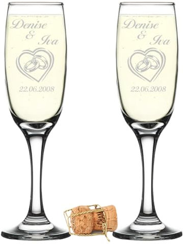 Set di 2 calici da spumante personalizzati con incisione – regali di nozze per coppia di sposi – nome e data – idea regalo per matrimonio – bicchieri da matrimonio per coppie – nel cuore due
