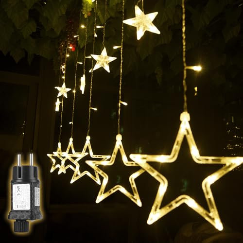 SALCAR 2m Tenda Luminosa Natale Esterno, 138 LED Decorazioni Natalizie Interno con 12 Stelle, Luci Natale Stelle Luminosa con 8 modalità e funzione di memoria, Bianco Caldo