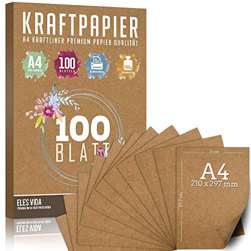 100 Blatt Kraftpapier A4 Set - 260 g - 21 x 29,7 cm - DIN Format - Bastelpapier & Naturkarton Pappe Blätter aus Kraftkarton zum Drucken, Kartonpapier Basteln für Vintage Hochzeit Geschenke Etiketten