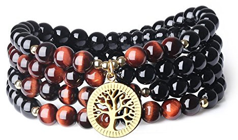 COAI Unisex 108 Mala Wickelarmband aus Onyx und Tigerauge Rot mit Lebensbaum Meditationskette