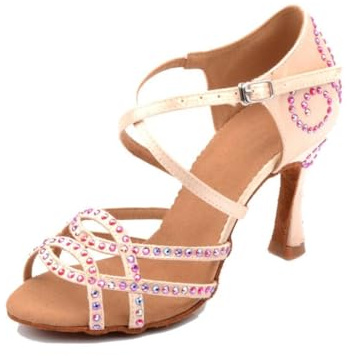 MGM-Joymod Sandales de danse latine pour femme avec sangles croisées, talons évasés et cristaux pour Salsa, Tango, mariage et fête, 38 EU