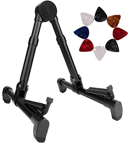 Eison Folding Guitar Stand - Lightweight Adjustable Floor Holder With 8 Picks, Portable A Frame Aluminium Music Stand for Acoustic Electric Guitars, Bass, Violin, Ukulele, Mandolin, Banjo