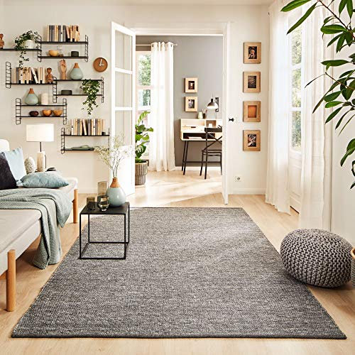 Steffensmeier Handwebteppich Walchsee | Schurwolle mit Fusselstopp, Anthrazit, handgewebt, Größe: 300x390 cm Wohnzimmer und Schlafzimmer