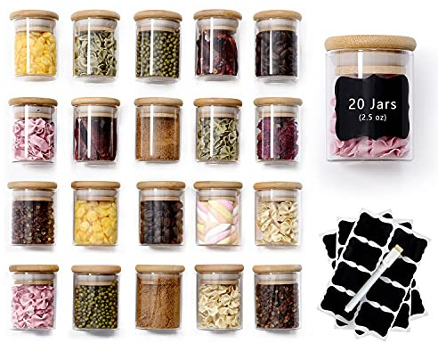 ZPGXLRZ 20 Pcs Glass Spice Jars with Airtight Bamboo Lids, Labels and Pen, 2.5oz Mini Clear Food Storage Containers for the Pantry, Kitchen Canisters for Tea, Herbs, Sugar, Salt, Coffee and More