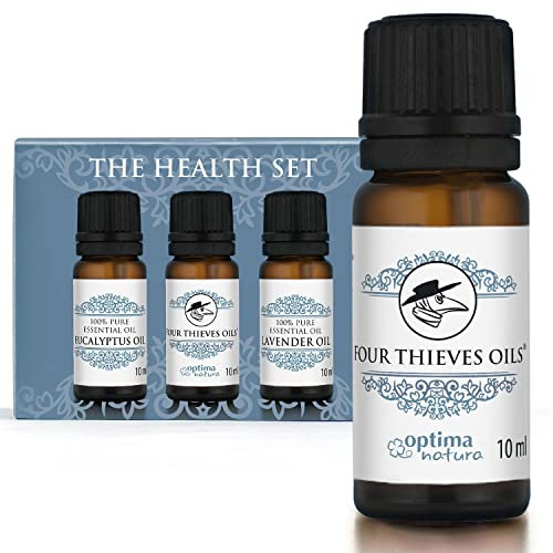 Set di Oli essenziali per La Salute Optima Natura, Olio dei Quattro Ladroni, Lavanda, Eucalipto, Oli Profumati al 100% Naturali, per Raffreddore, Mal di Gola, Rinite 3x10ml