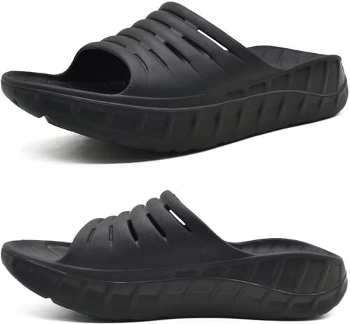 KuaiLu Mens Recovery Sandals Orthotic Arch Support Open Toe Sport Slides Thick Cushion Orthopedic Plantar Fasciitis Slip On Wide Width Summer Pool Beach Waterproof Walking Slippers Black Size 9