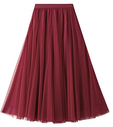 Daysskk Jupe en Tulle Femme A-Ligne Maxi Jupe Femme Taille Élastique Jupe en Tulle Femme Longue Taille Unique, Rouge Bordeaux, Taille Unique