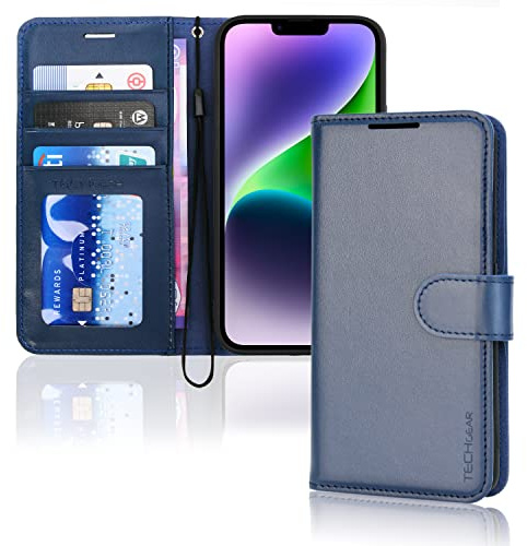 TECHGEAR Cover iPhone 14 - Custodia Portafoglio in Pelle Sintetica con TPU Antiurto, Funzione di Supporto con Slot per Schede e Cinturino da Polso per iPhone 14 (6,1 Pollici 2022) blu