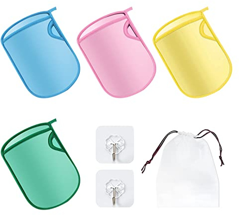 4 guantes de baño súper suaves y exfoliantes, con ganchos y bolsas de almacenamiento, guantes de esponja de baño, guantes de baño sin dolor, adecuados para adultos y niños