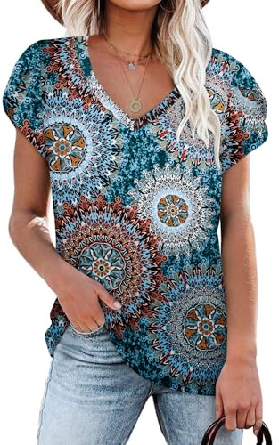 NARRAME T-Shirt décontracté à Manches pétales pour Femme - Tunique d'été à Manches Courtes À Fleurs Imprimé Vert «X-Large» XL 46-48