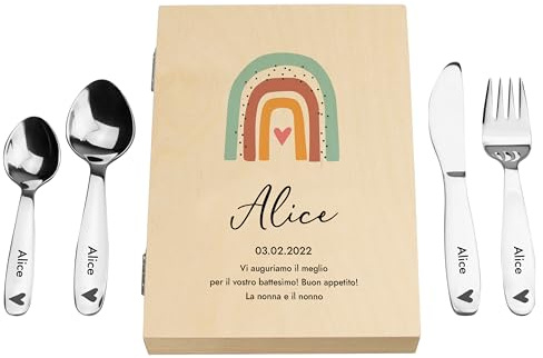 LAUBLUST Posate per bambini con stampa del nome e scatola regalo in legno personalizzata | 4 pezzi - Posate in acciaio inox | Regalo personalizzato per ragazzi e ragazze (Arcobaleno)