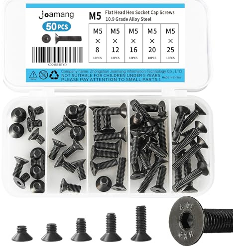 Joamang M5 x 8mm 12mm 16mm 20mm 25mm Flat Head Hex Socket Cap Screws Countersunk Bolts, 10.9 Grade Alloy Steel, Black Oxide Finish, Metric Allen Hex Drive, Fully Threaded, Assortment Kit 50Pcs