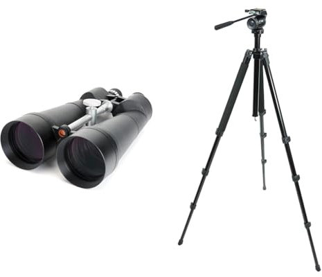 Celestron 71017 SkyMaster 25x100mm Porro Prism Binoculars with Multi-Coated Lens & 82050 TrailSeeker Fluid Pan Head Tripod for Spotting Scopes, Binoculars, Cameras & Small Telescopes, Black