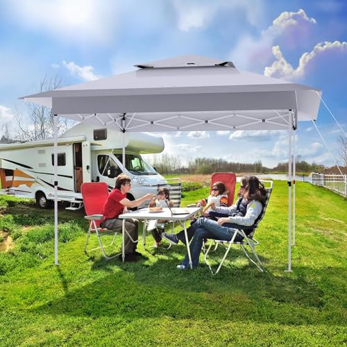 Tonnelle Pliante 3,6 x 3,6 m, étanche, Stable, 4 PCS Sacs de Sable, Pop-up Double Toit Tente de fête, Réglable Hauteur (265-275-285cm), pour Patio marché Camping Plage Gris Blanc