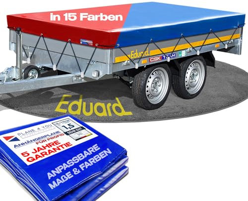 Hochwertige Eduard Anhängerplane - 256 x 150 cm Innenmaß - Anhänger Plane Lichtgrau Hochglanzlackiert - Flachplane PKW-Anhänger - wasserdichte PVC Abdeckplane mit Anhänger Zubehör