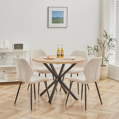 DEYARNA HOME Matsal set runt bord 100 cm och 4 stolar, matbord och stolar för matsal, kök och vardagsrum (ljus trä + brun)