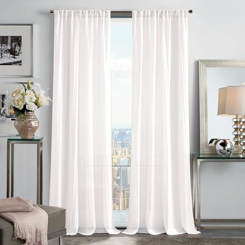 Martha Stewart Sheer Curtains Crinkle Textured Rod Pocket Window Curtain Panel Pair, 84, White