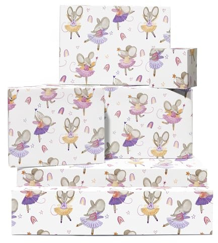 Papel de regalo para ratón - 6 hojas de papel de regalo para ella - Ratón bailarina - Arco iris, corazón - Papel de regalo blanco - Viene con pegatinas - Por Central 23