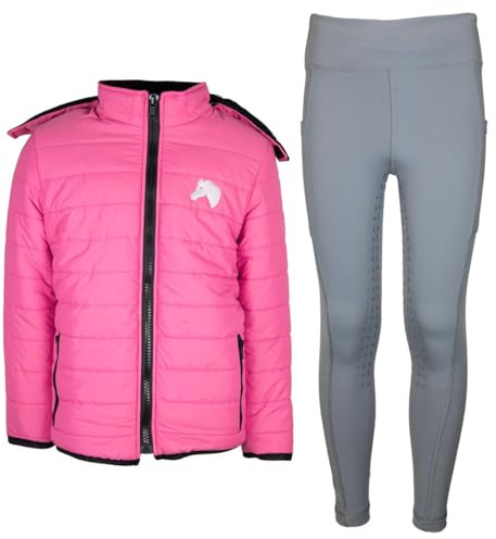 MS-Trachten Set da equitazione invernale per bambini, colore rosa, trapuntato, con inserti in silicone, colore: grigio, Colore: rosa., 134-140