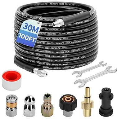 Tuyau Déboucheur Canalisation 30M, 400 Bar/5800 PSI M22 Tuyau Nettoyeur Haute Pression avec 4 Buse et 2 Adaptateurs,1/4'' Déboucheur Flexible Compatible avec Karcher K2 K3 K4 K5 K6 K7, Bosch