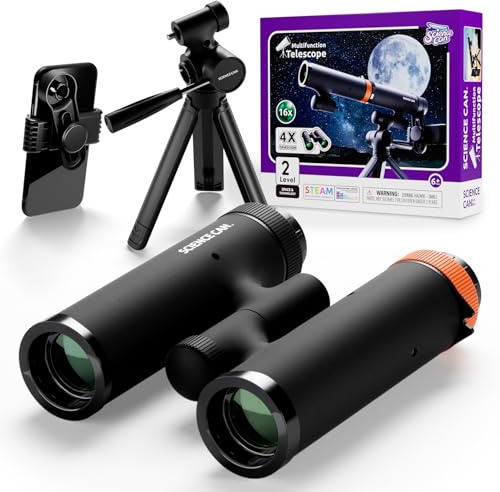 Science Can Telescopio per bambini binocolo 3 in un telescopio portatile con treppiede regolabile e supporto per telefono, con ingrandimento 4-16 x per esplorazione all'aperto durante escursioni