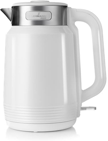 LEHMANN Bollitore Elettrico in Acciaio Inox, 2 L, 2200 W, Riscaldamento Rapido, Doppia Parete, Base Girevole 360°, Spegnimento Automatico, BPA‑free, ideale per Famiglie e Uffici, Bianco