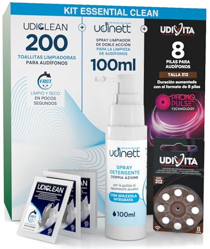 8 Pilas para Audífonos Tamaño 312 PR41 Marrón + 200 Toallitas Limpiadoras Udiclean + Spray de Limpieza con Cepillo Integrado Elimina el Cerumen Udinett 100ml - Kit Essential Clean