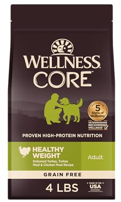 Wellness CORE Healthy Weight Adult Dry Dog Food, Grain Free Kibble, Natural, High Protein, Turkey and Chicken Recipe, 4 lb Bag