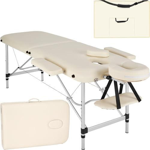 tectake® Hopfällbar massagebänk 2-zons portabel och stabil behandlingsbänk med justerbart huvudstöd, armstöd och vattenresistent klädsel, perfekt för proffs och hemmabruk – Beige