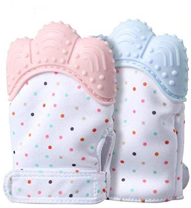 Baby Zahnen Handschuh,Aranticy 2 Stück Beißringe Fäustling Teething Mitt Glove Soothing selbstberuhigende Schmerzlinderung Silikon Zahnen Fäustlinge Schützt Babys Hände von Speichel Kauen Artikel