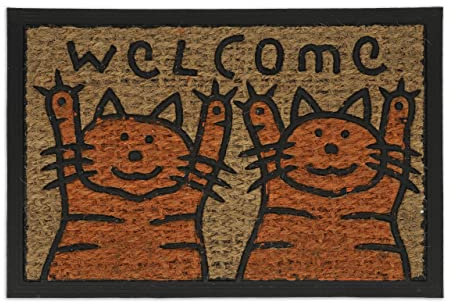 Relaxdays Fußmatte Kokos, mit Katzen & Welcome Spruch, gummiert, innen und außen, Türabtreter 60 x 40 cm, orange/Natur