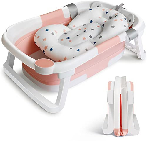 Baby Badewanne Faltbare Babybadewanne Kinder, Neugeborene Baby-Plastikbadewanne mit faltbaren Anti-Rutsch-Beinen Zusammenklappbare Badewanne für das Baden von Kleinkindern | Rosa und Weiß