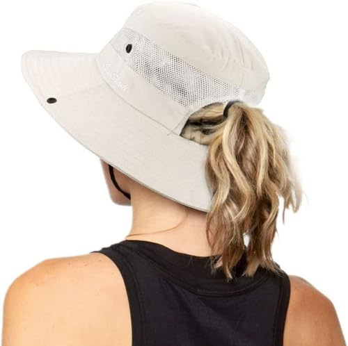 Chapeau de pêche de plage pliable de protection UV pour femme en maille à large bord avec trou de queue de cheval, beige, Taille Unique