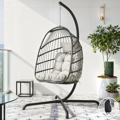 BULEXYARD Patio Egg Chair Swing with Stand and Rain Cover, 350 Lbs Heavy-Duty Wicker Hanging Hammock Chair with Comfy Cushion, Sturdy Basket Chair for Indoor Outdoor Pool Porch Garden Deck, Light Grey