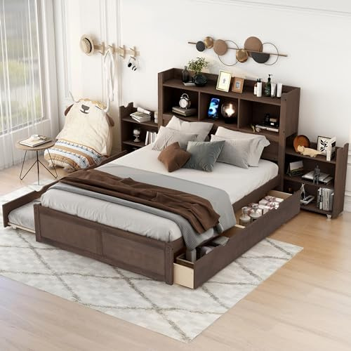 Harper & Bright Designs Full Size Platform Bed with Bookcase and Trundle, Wood Platform Bed Frame with Charging Station, Drawers and Pull Out Shelves for Kids Teens Adults, Espresso
