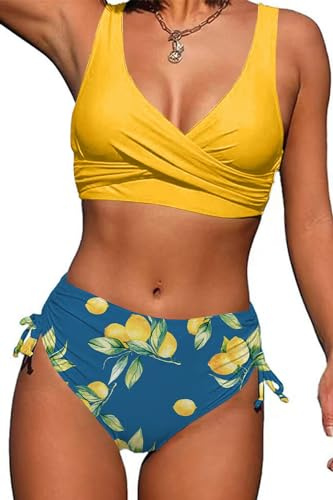 Yutdeng Costume da Bagno Donna Curvy Bikini Mare Vita Alta Due Pezzi Costumi Top Push Up Scollo a V con Incrociati sul Retro e Pantaloncini da Bagno con Coulisse Laterale a Pieghe,Giallo,M