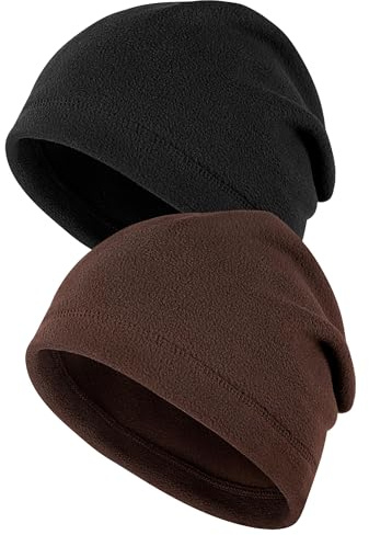MELLIEX 2 stycken vintermössor för män och kvinnor, unisex, fleece, mössa, löpmössa, cykelmössa för utomhusbruk, Svart, brun, one size
