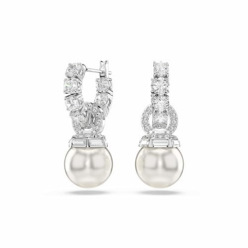 Swarovski Matrix Drop-Ohrhänger, Weiße und Rhodinierte Perlenohrringe mit Strahlenden Swarovski Kristallen, Größe: 2.7 x 1 cm
