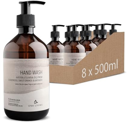 ENA LIVING Handseife mit ätherischen Ölen, (8x500ml) – Sanfte, pH-neutrale Flüssigseife mit Lavendel, Zedernholz und Orange – Ohne Farbstoffe – Beruhigende Handseife für die tägliche Anwendung