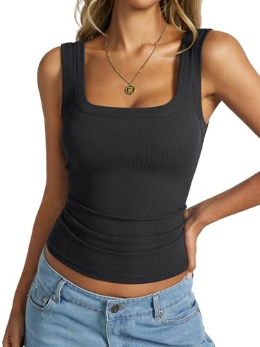 EasyGala Womens Cotton Ribbed Square Neck Tank Tops Basic Backless Camisole Sleeveless Slim Fit Wide Shoulder Strap Summer Clothes 2025 Black X-Small