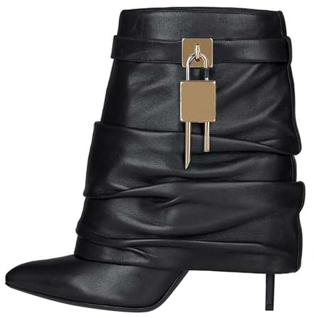 BAICAIBAI Botas TacóN Alto para Mujer Plisadas Puntiagudas Punta Aguja Media Pantorrilla Tacón Fino Talla Grande Fiesta CóCtel Vestido Noche Botines Viajar,Noir(Matte),36