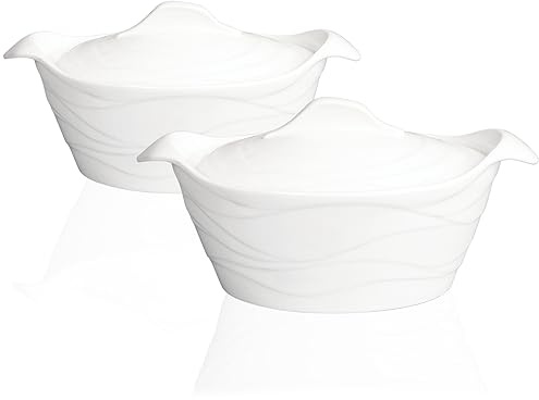 jinsongdafa Keramikugnsform-set med 2 stycken, 900 ml fransk vit terrin med lock, från ugnen till bordet, keramiska serverhandtag för middagar och fester, mikrovågsugns- och ugnssäker