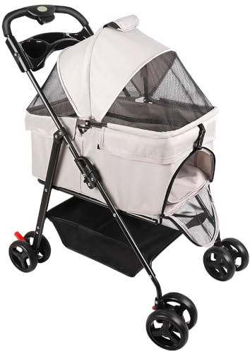 3 en 1 cochecito para perro gato con cesta de almacenamiento, para perros pequeños y mayores, ruedas con frenos de 360°, cesta xxl, 3 ventanas, portavasos, carrito para perro, 50 x 65 x 99 cm, color