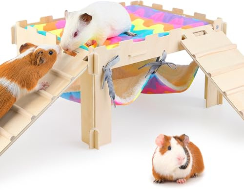 BeBeJoJo Casita de Madera para Cobayas, Casa Refugio con Rampa, Accesorio para Jaulas y Pequeños Animales