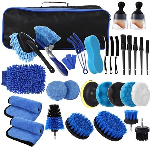 BUCOMTU 31Pezzi Kit Pulizia Auto,Kit Lavaggio Auto,Kit di Pulizia Auto Completo per Interni ed Esterni,Auto Detailing Brush Auto Wash Set,con Spazzole, Spugne per Lucidatura