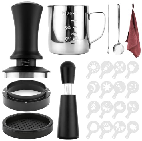 Homtone Kaffee Tamper 51mm Set, 24-TLG Barista Zubehör Set mit Dosierring, Milchkännchen, WDT Tool, Rührlöffel, Tampermatte, Barista Tuch, Latte Art Stift & Schablonen für Espresso-Halbautomaten