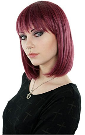 Prettyland C1277 - Parrucca Corta Medio Lunga Taglio Bob Capelli Lisci Colore Prugna Rosso Meches Per Varie Occasioni