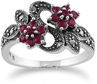 Gemondo Bague Art Nouveau, Argent Massif 925 0,58 CT Rubis & Marcassite Anneau Floral