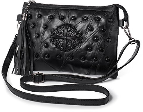 Kleine Umhängetasche Handtasche für Damen Quaste Nieten Clutch Abendtasche Weich Leder Schwarz